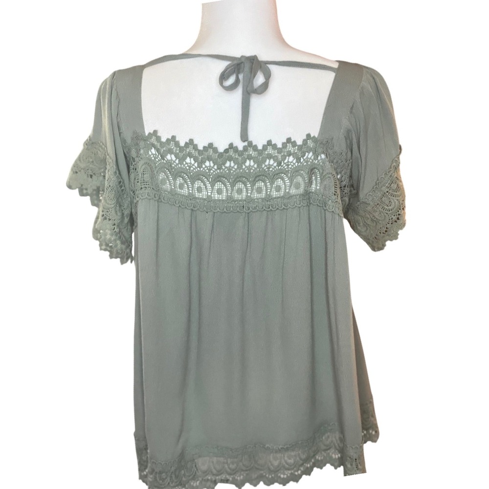 Papillon Sage Crinkle Lace Top Womens Large Green Crochet Boho Blouse PT-14060 - Picture 2 of 8